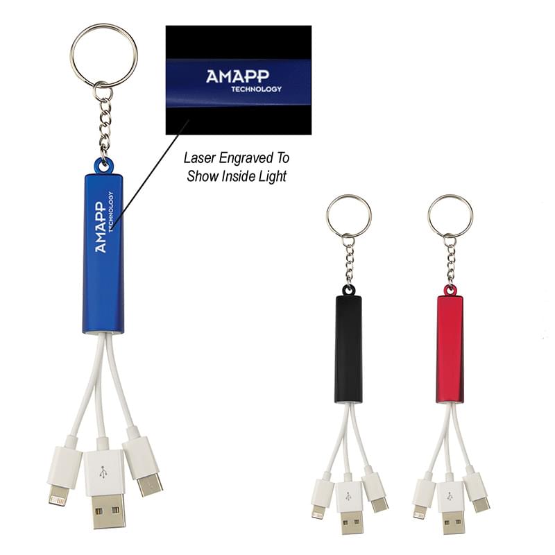 3-In-1 Light Up Charging Cables On Key Ring