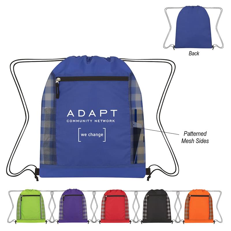 Checkered Mesh Accent Drawstring Bag