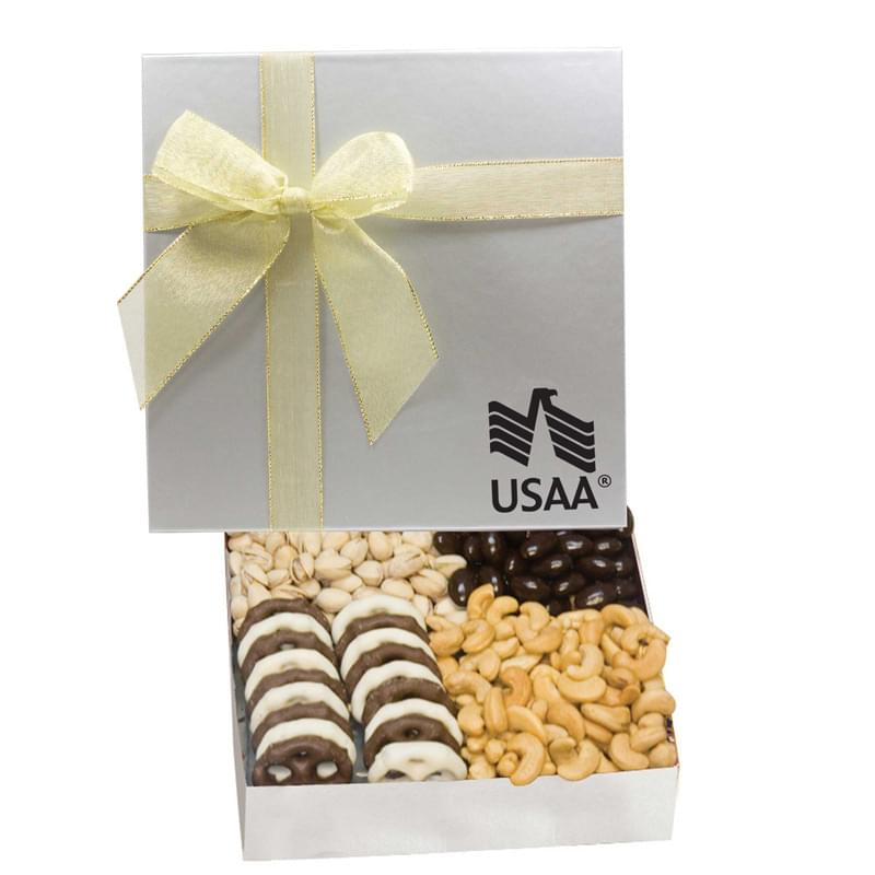 The Chairman Gift Box - Chocolate Covered Almonds, Cashews, Pistachios, & Mini Chocolate Pretzels