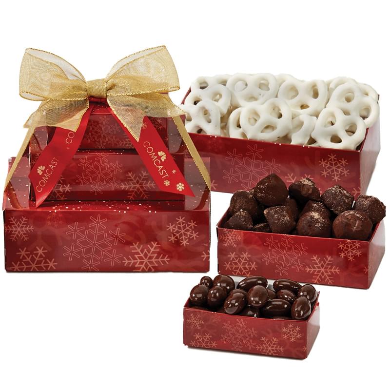 Three-Tier Tower - White Chocolate Pretzels, Chocolate Truffles & Chocolate Covered Almonds