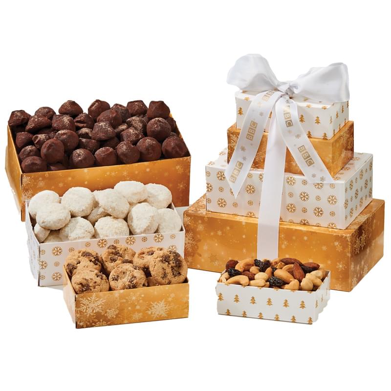 Four-Tier Tower - Almond Tea Cookies, White Chocolate Mini Pretzels, Roasted Peanuts, Chocolate Truffles