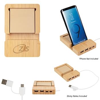 Bamboo Multi-Port Hub With Phone Holder & Sticky Notes