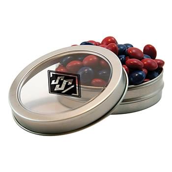 Candy Window Tin Short Round - Corporate Color Chocolates, Corporate Color Jelly Beans